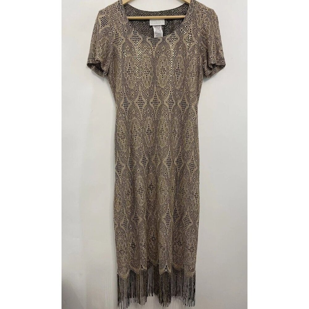 Studio C Dress Croquet Knit Metallic Fringe Midi Party Swing Brown Gold Womens 8